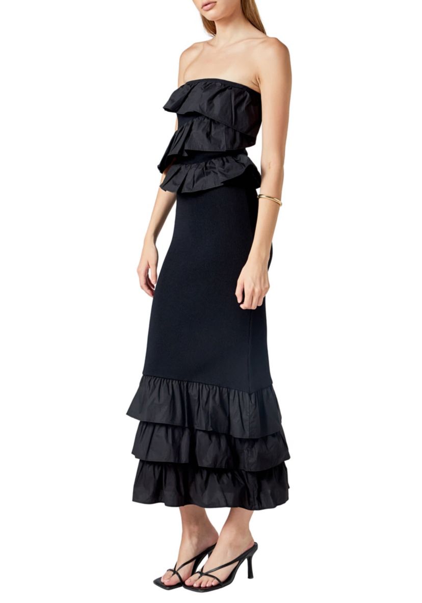 Mixed Media Strapless Fitted Maxi Dress