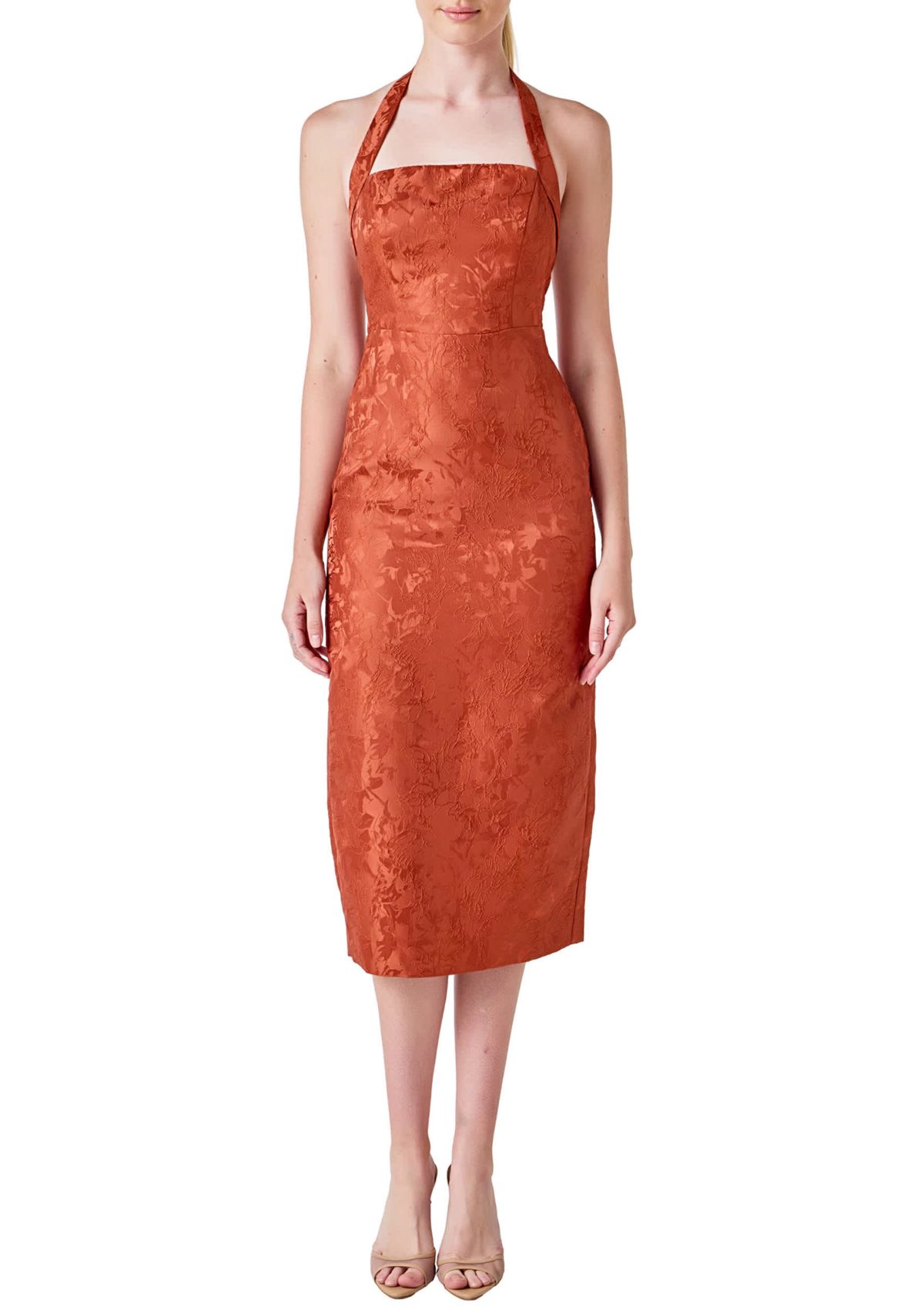 Jacquard Halter Column Midi Dress