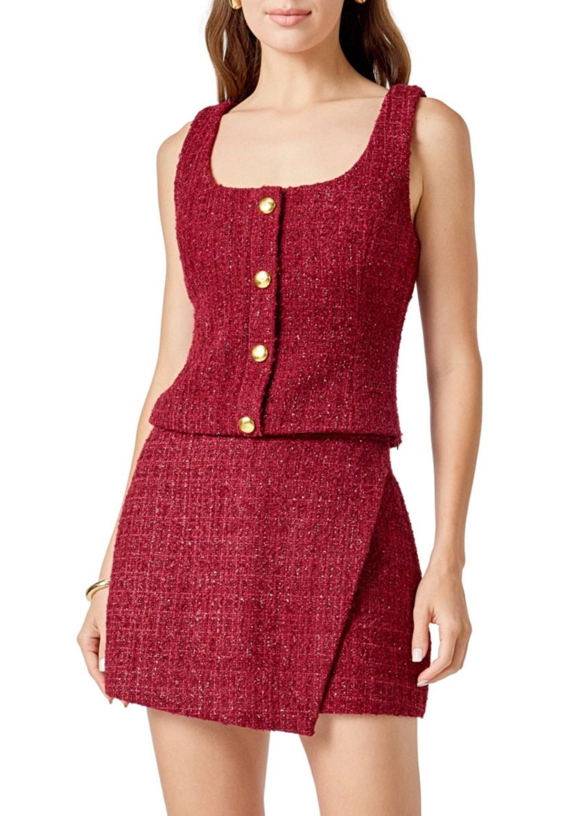 Tweed Scoop Neck Buttoned Top