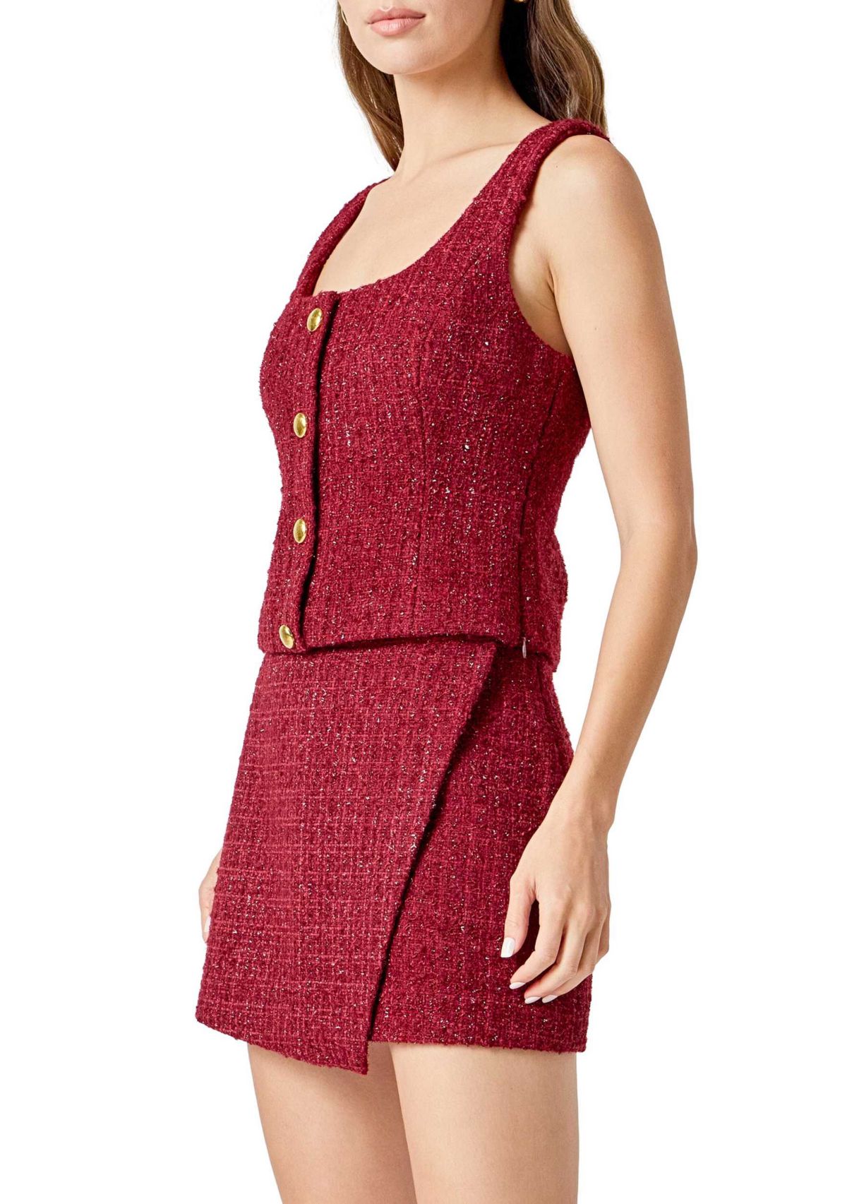 Tweed Scoop Neck Buttoned Top