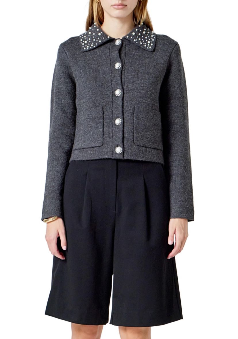Pearl Embellished Collar Cardigan