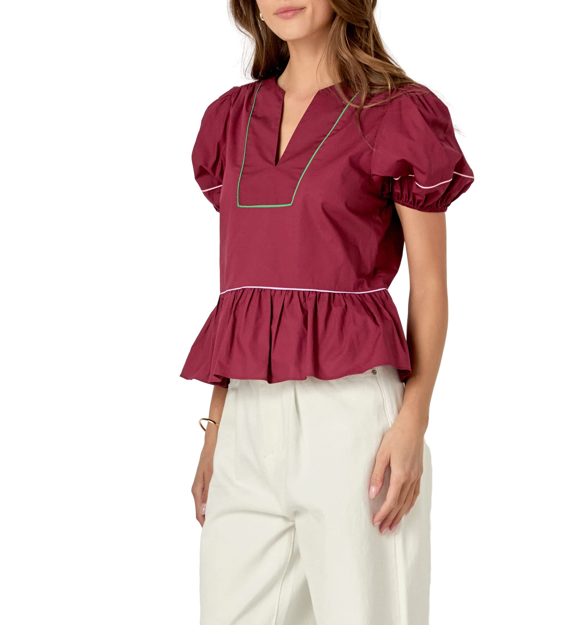 Piping Detail Top with Short Puff Sleeves