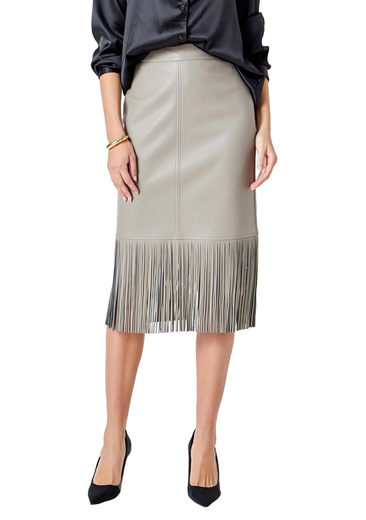 PU Fringe Pencil Midi Skirt