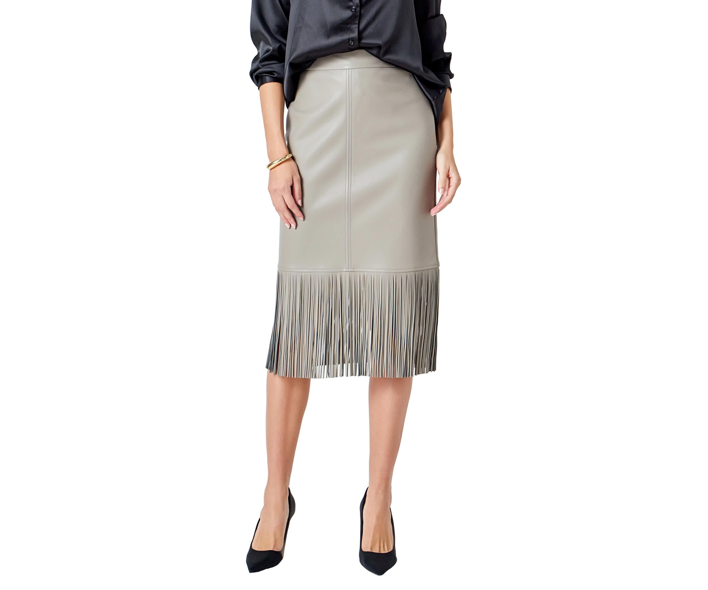 PU Fringe Pencil Midi Skirt