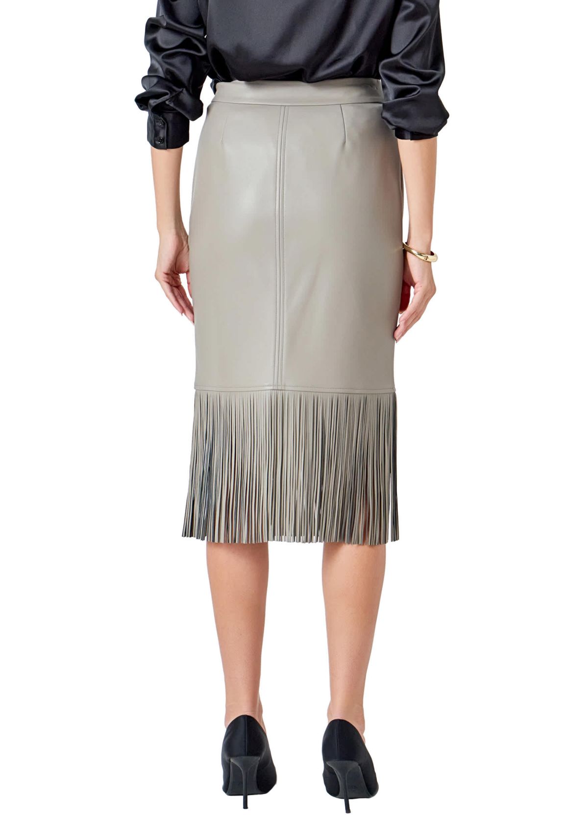 PU Fringe Pencil Midi Skirt