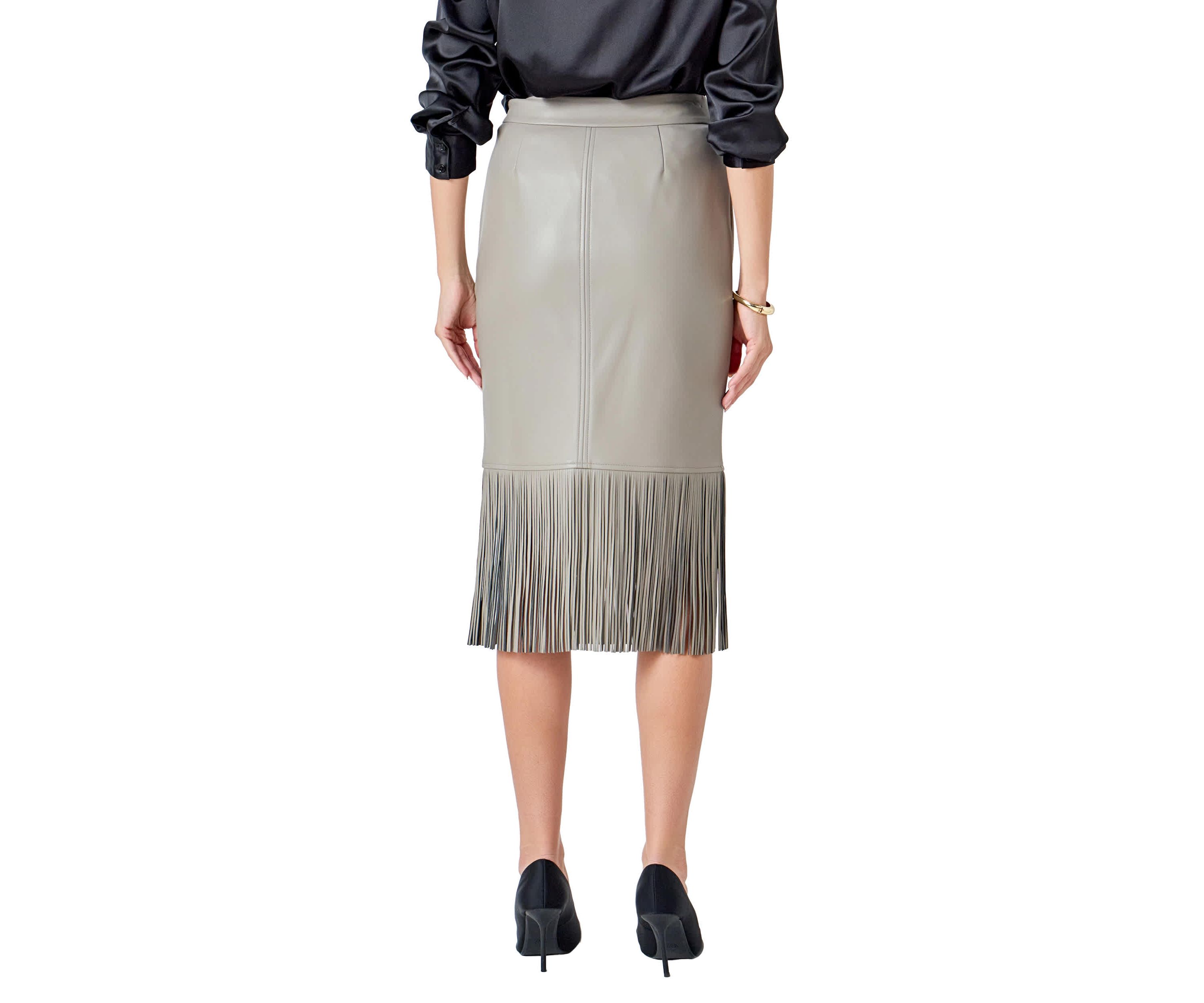 PU Fringe Pencil Midi Skirt
