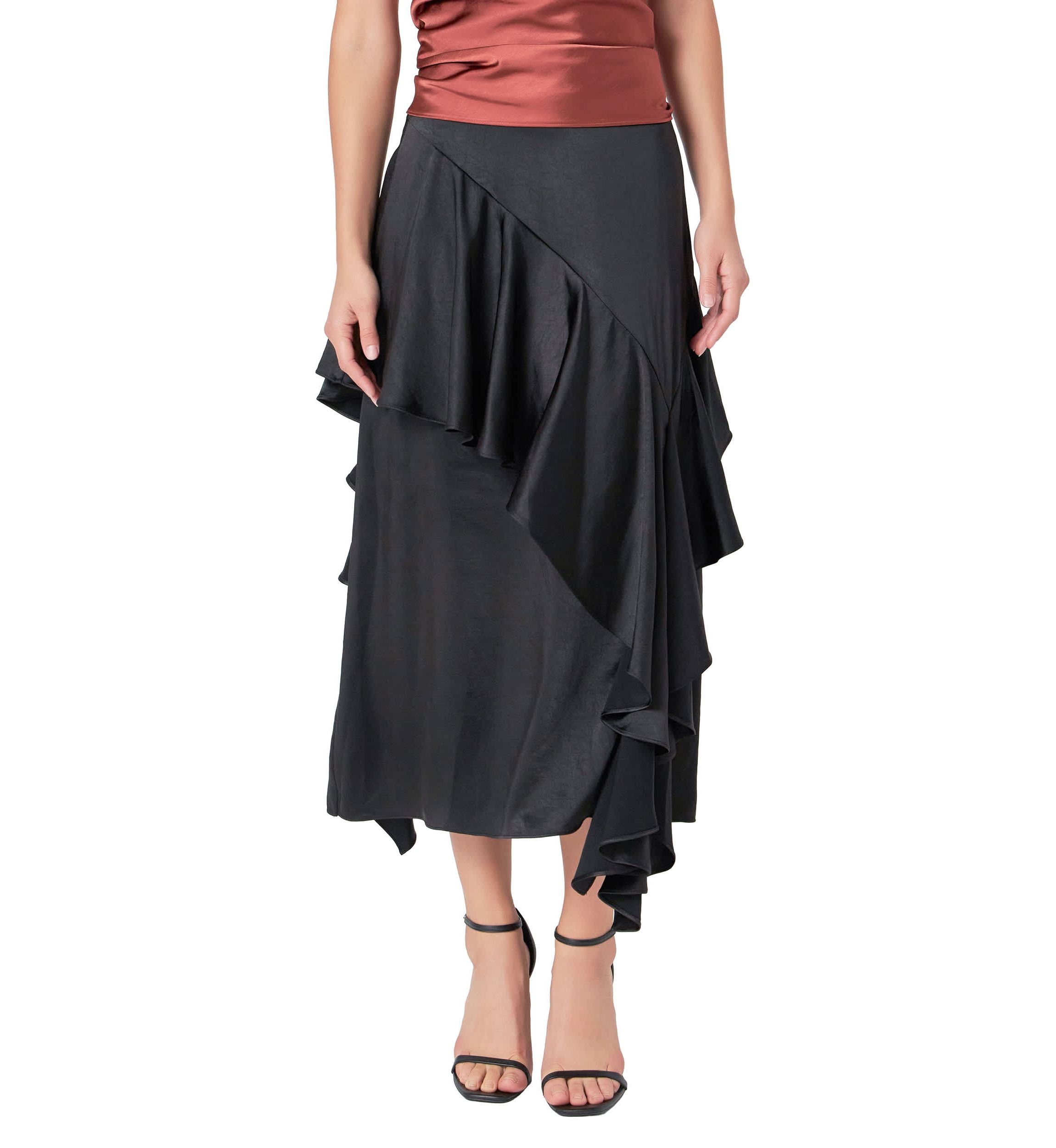 Satin Waterfall Midi Skirt