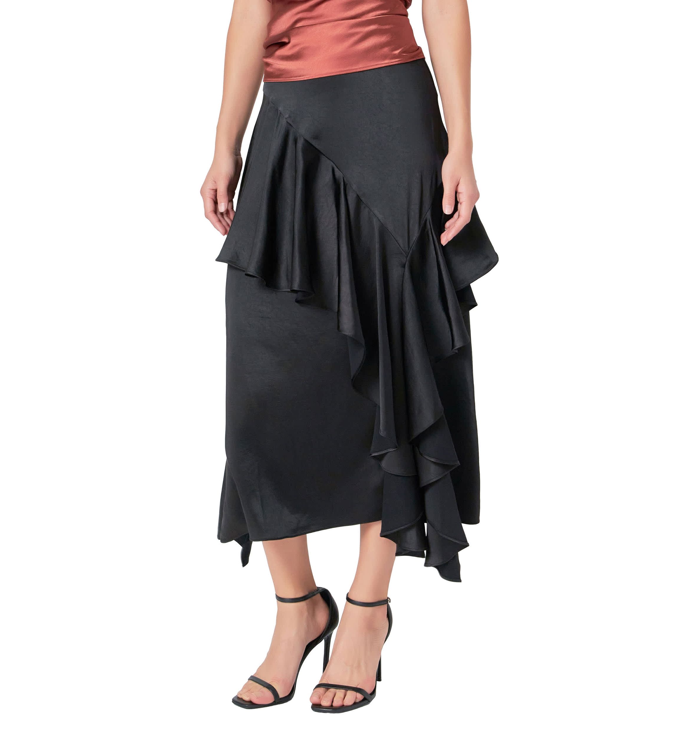 Satin Waterfall Midi Skirt