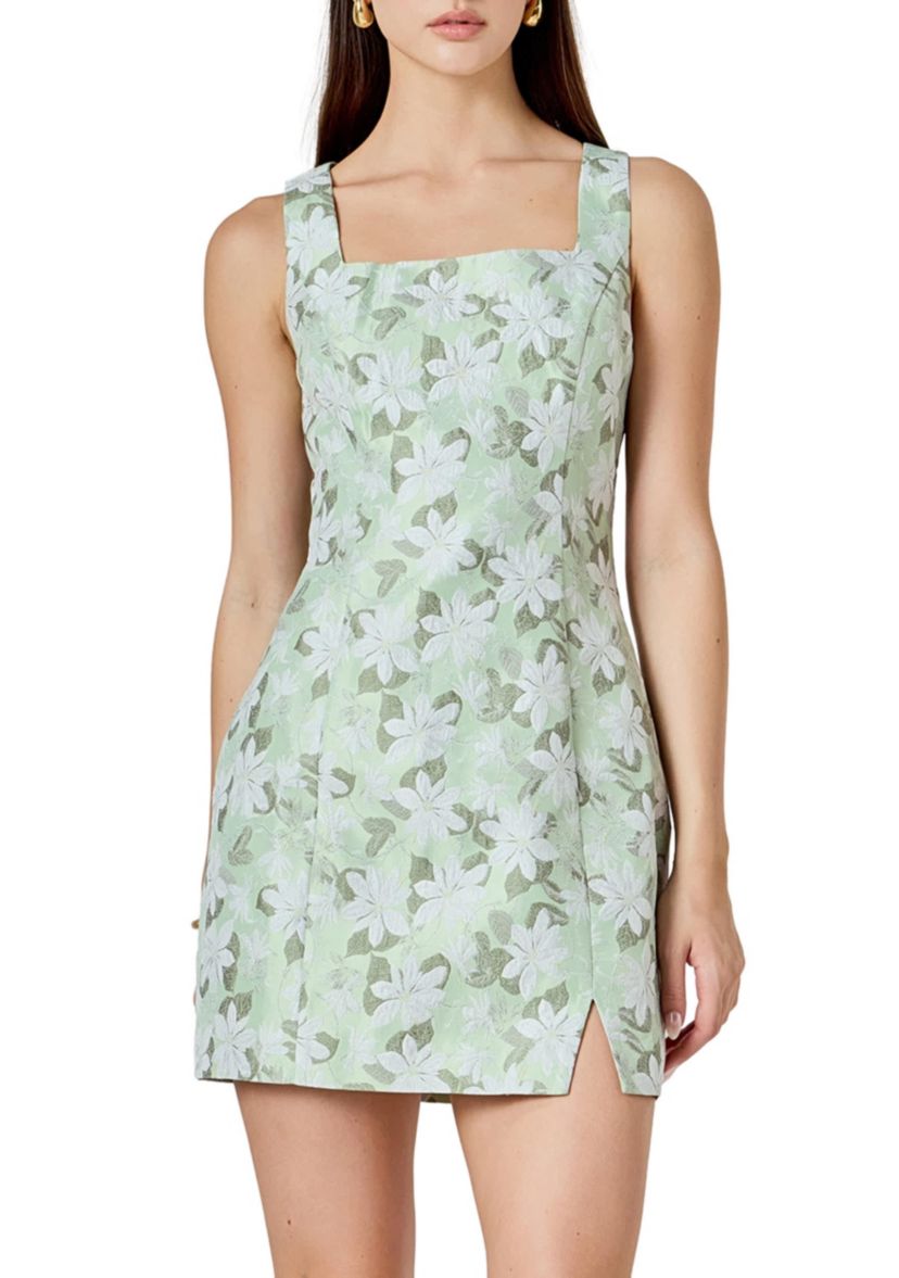 Floral Jacquard Front Slit Mini Dress