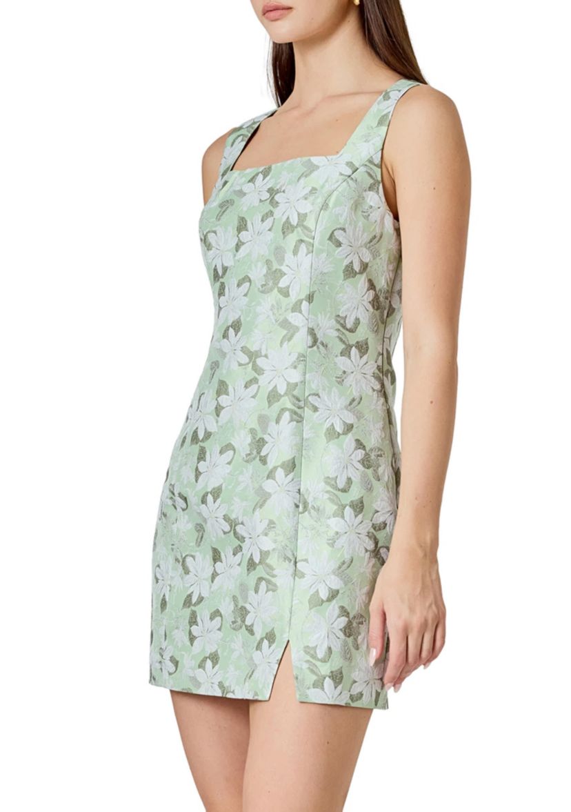 Floral Jacquard Front Slit Mini Dress