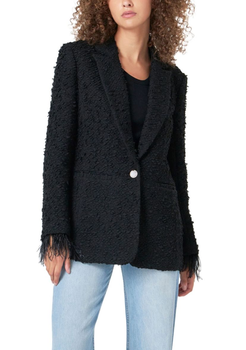 Feather-Trimmed Tweed Blazer