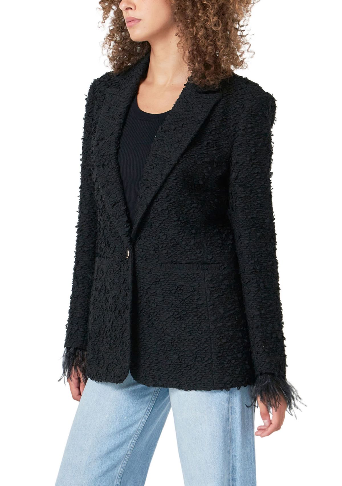 Feather-Trimmed Tweed Blazer