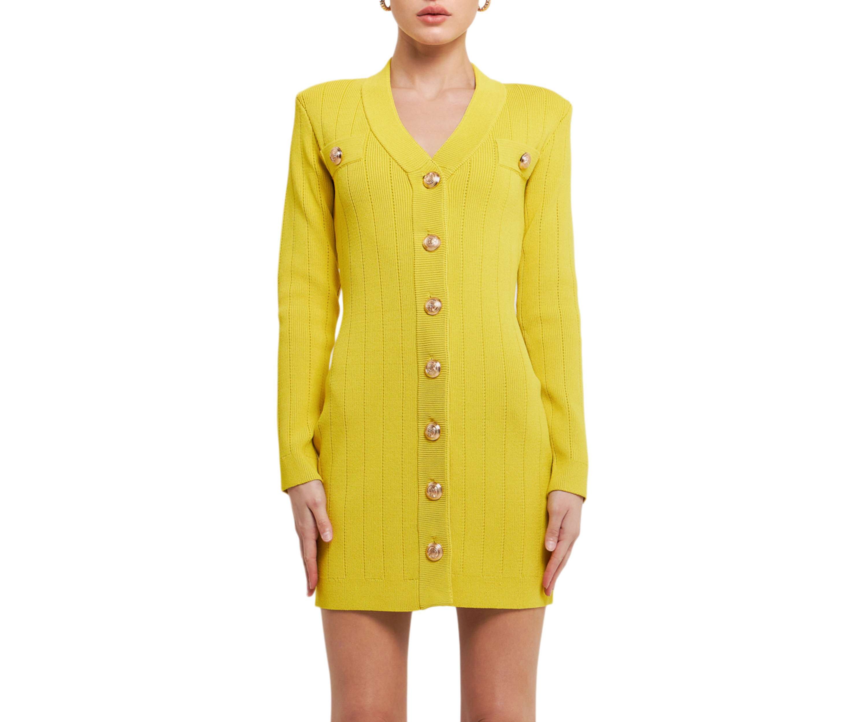 Shank Button V-neckline Knit Mini Dress