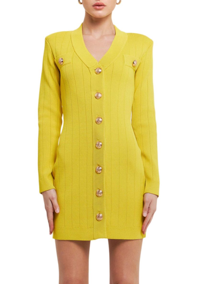 Shank Button V-neckline Knit Mini Dress
