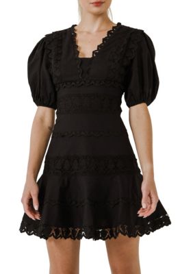 Plunging Lace Trim Dress with Puff Sleeve