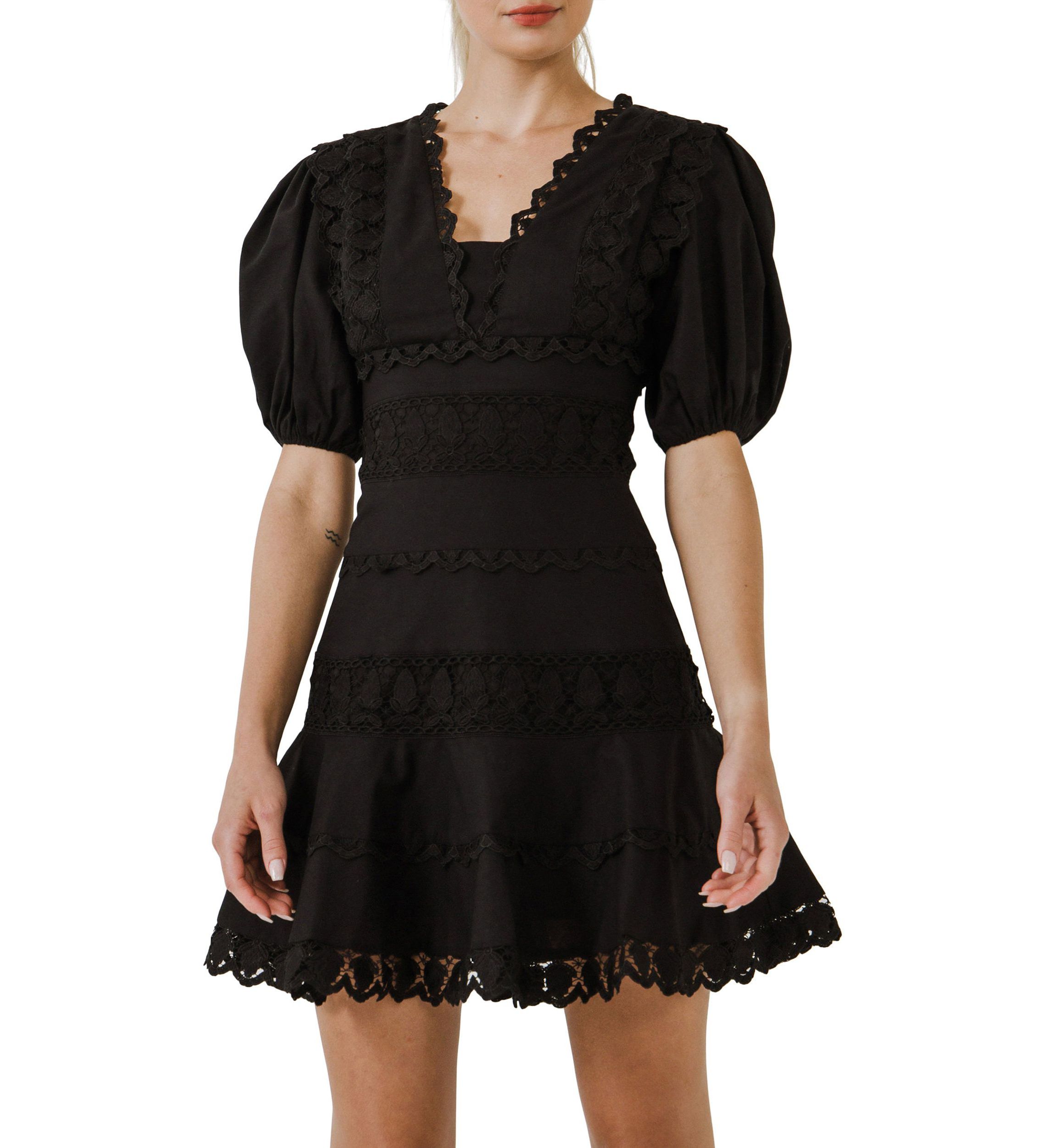 Plunging Lace Trim Dress with Puff Sleeve