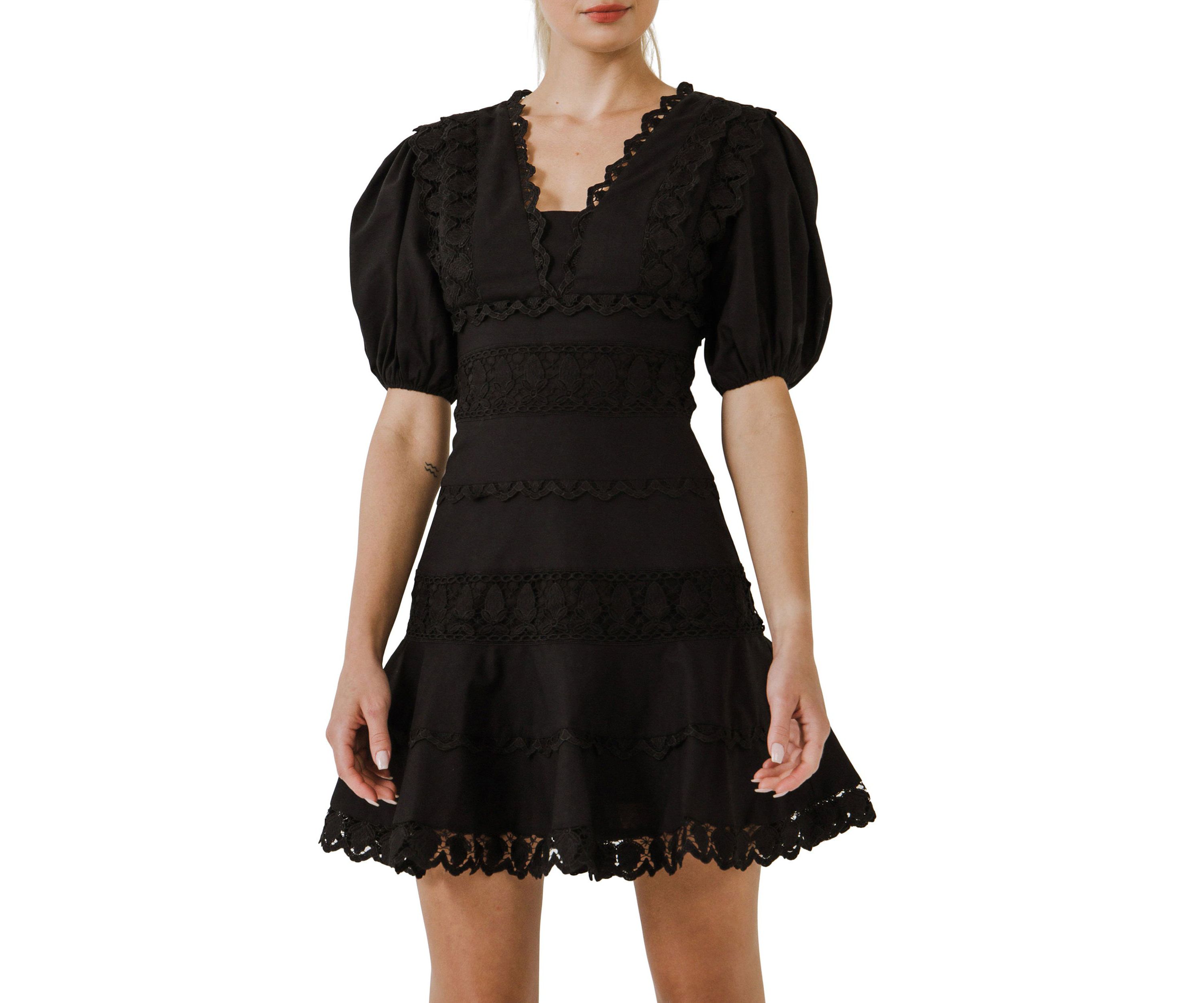 Plunging Lace Trim Dress with Puff Sleeve