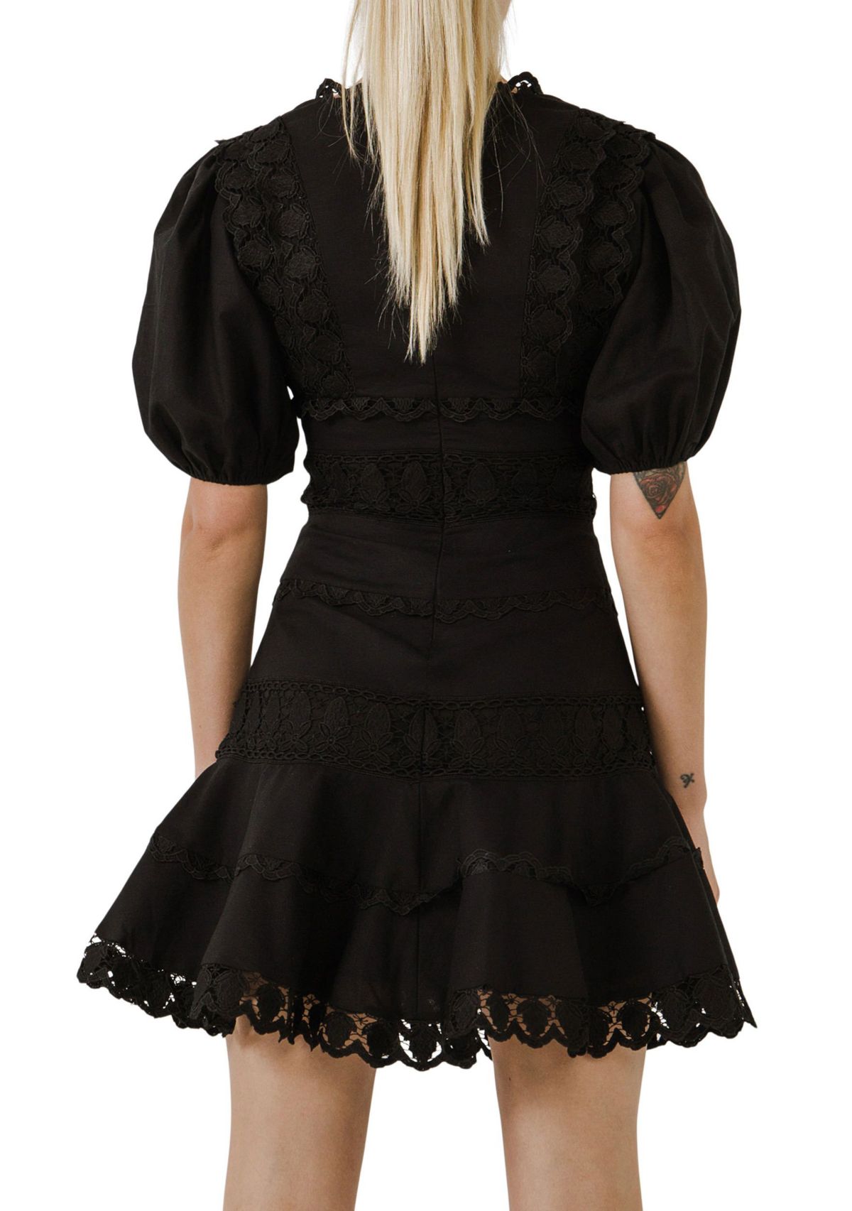 Plunging Lace Trim Dress with Puff Sleeve