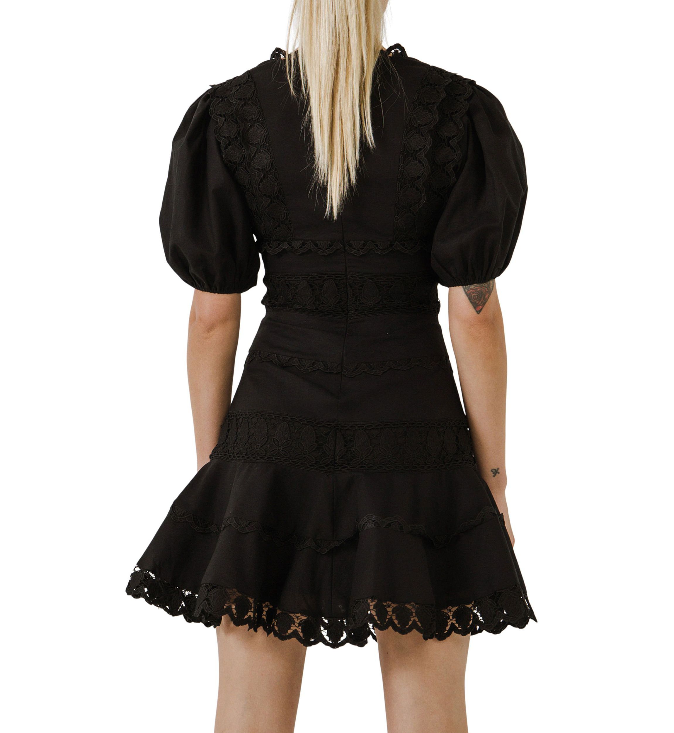 Plunging Lace Trim Dress with Puff Sleeve