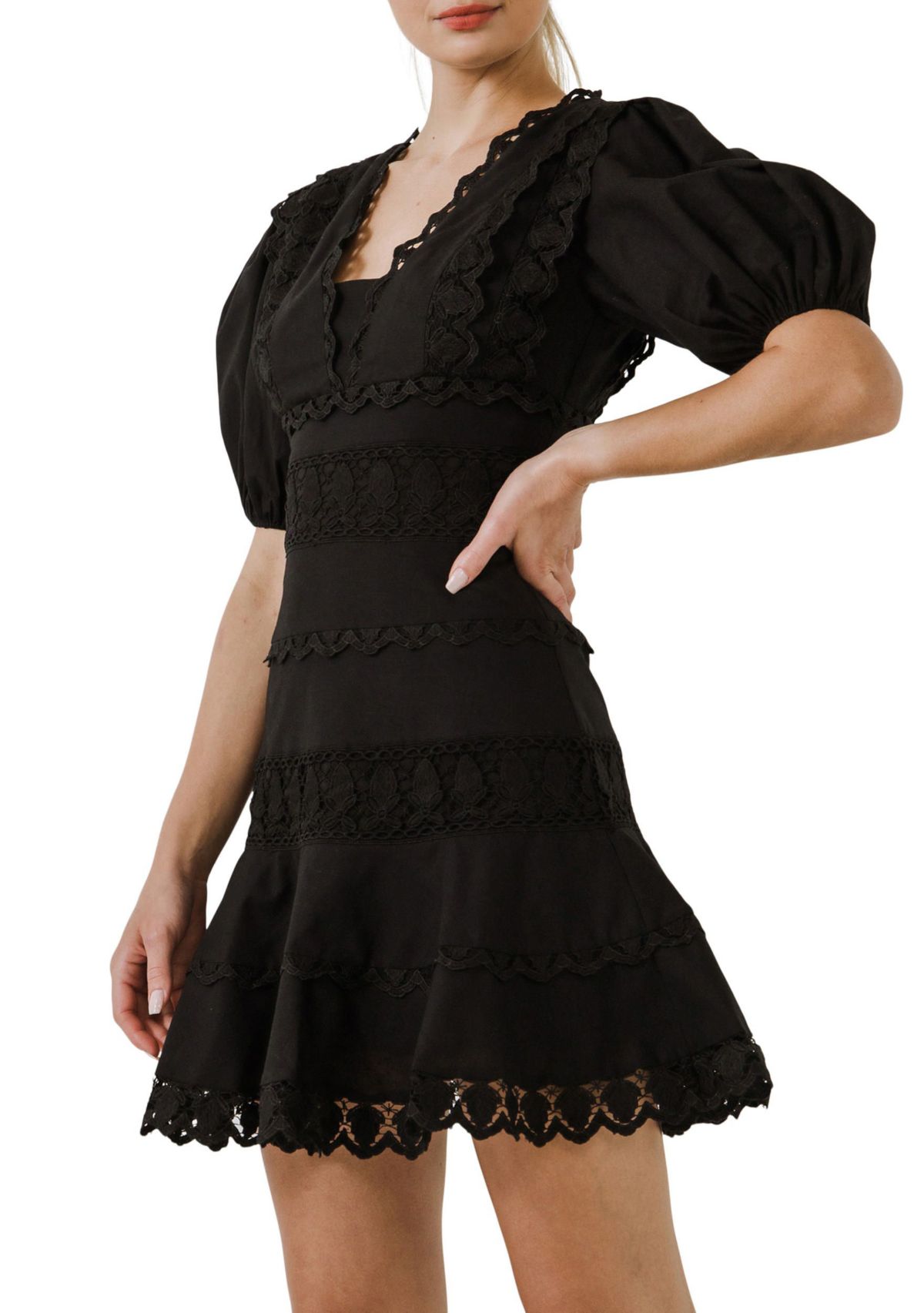 Plunging Lace Trim Dress with Puff Sleeve