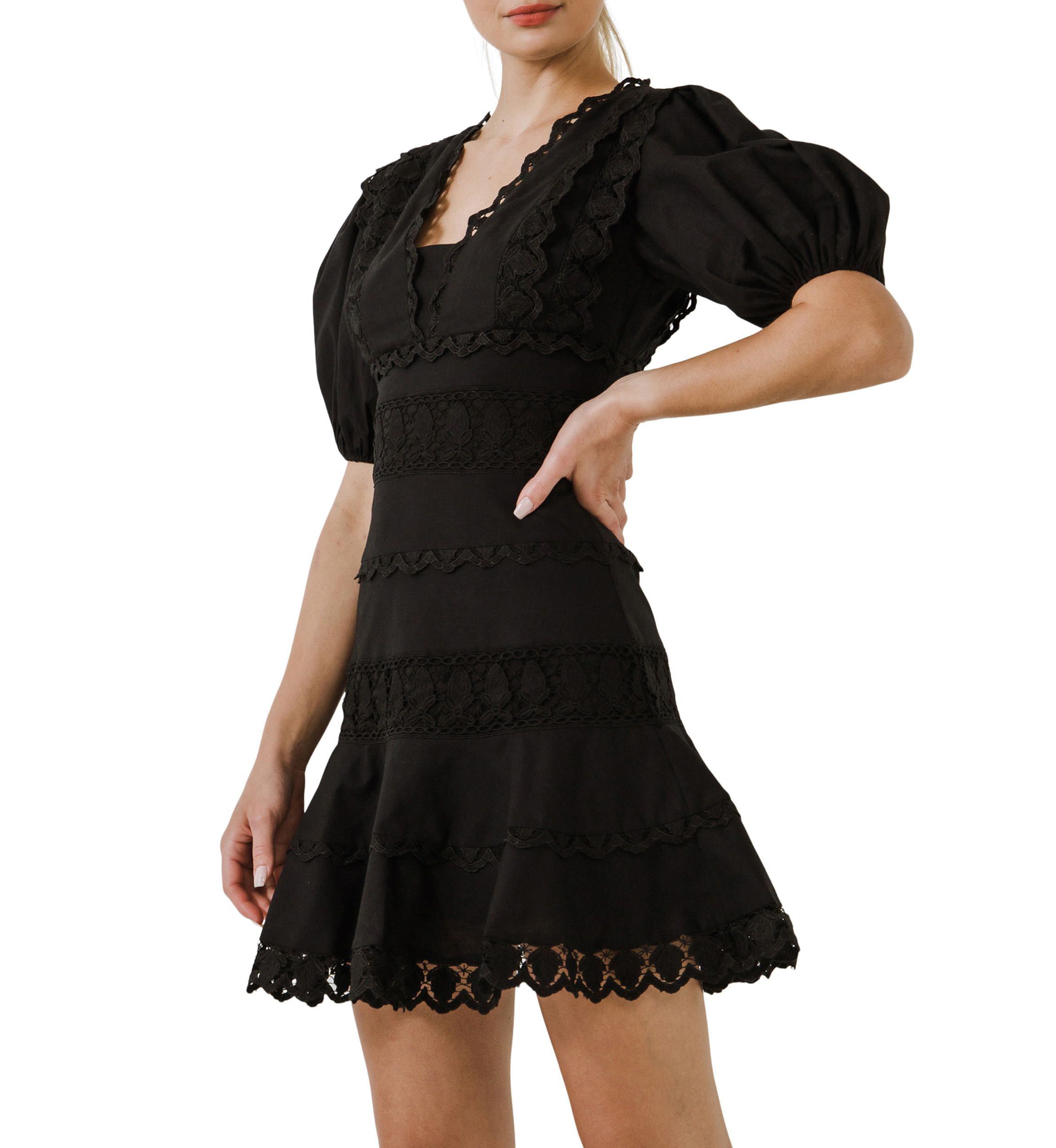Plunging Lace Trim Dress with Puff Sleeve