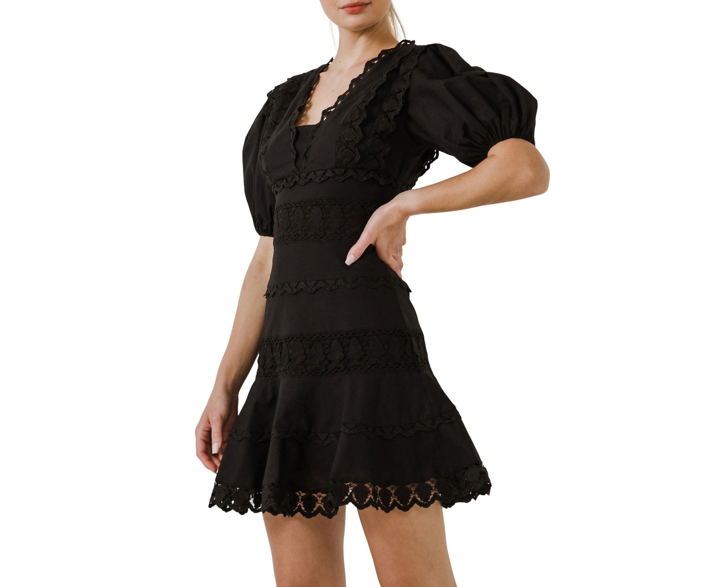 Plunging Lace Trim Dress with Puff Sleeve