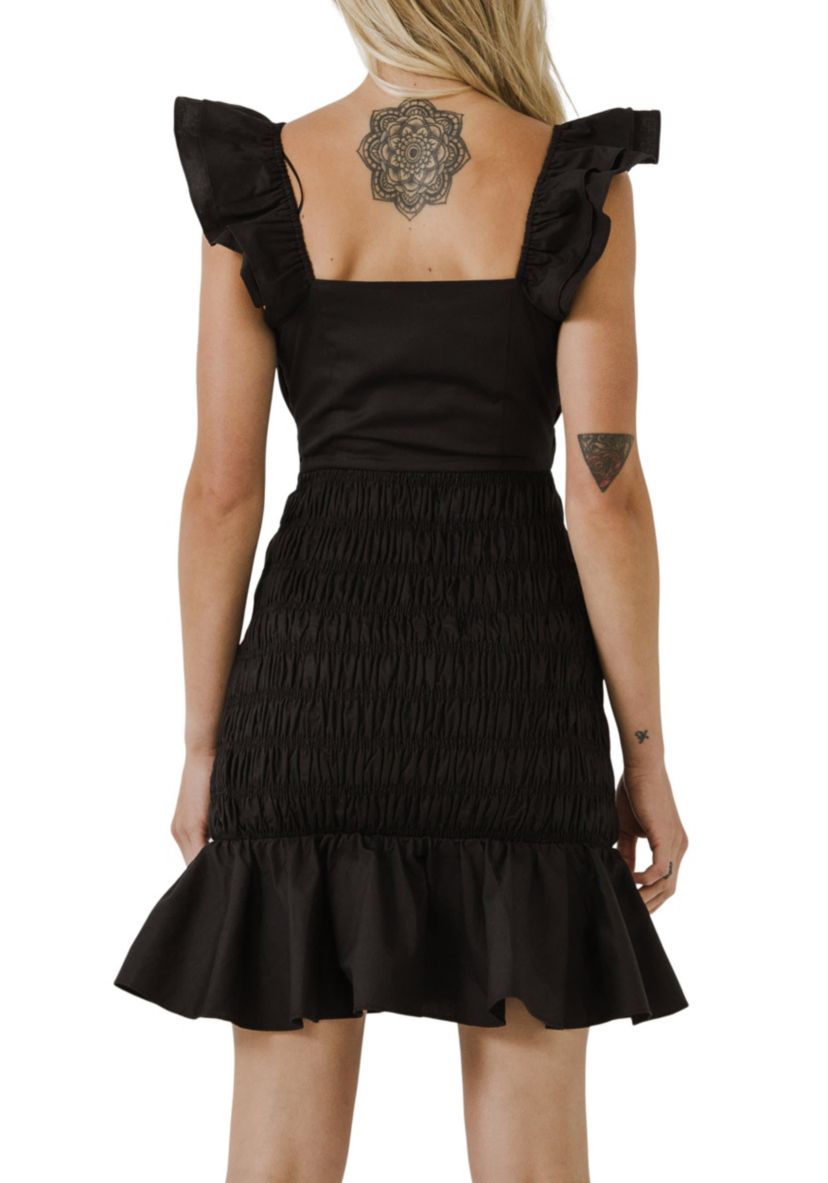 Plunging Lace Trim Dress with Puff Sleeve