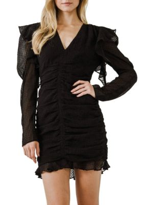 Textured Long Sleeve Ruched Mini Dress