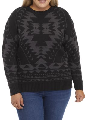 Wonderly Women's Plus Size Tribal Crew Sweater, Black, 4X