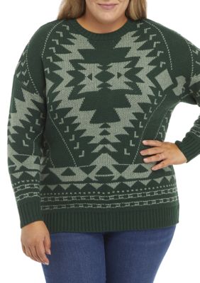 Wonderly Women's Plus Size Tribal Crew Sweater, Green, 4X