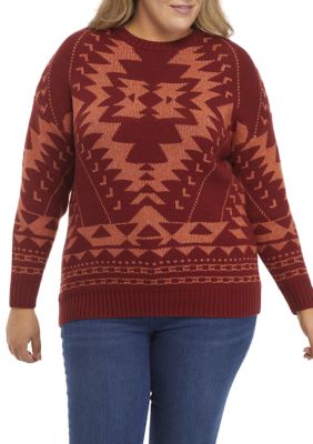 Wonderly Women's Plus Size Tribal Crew Sweater, Red, 4X