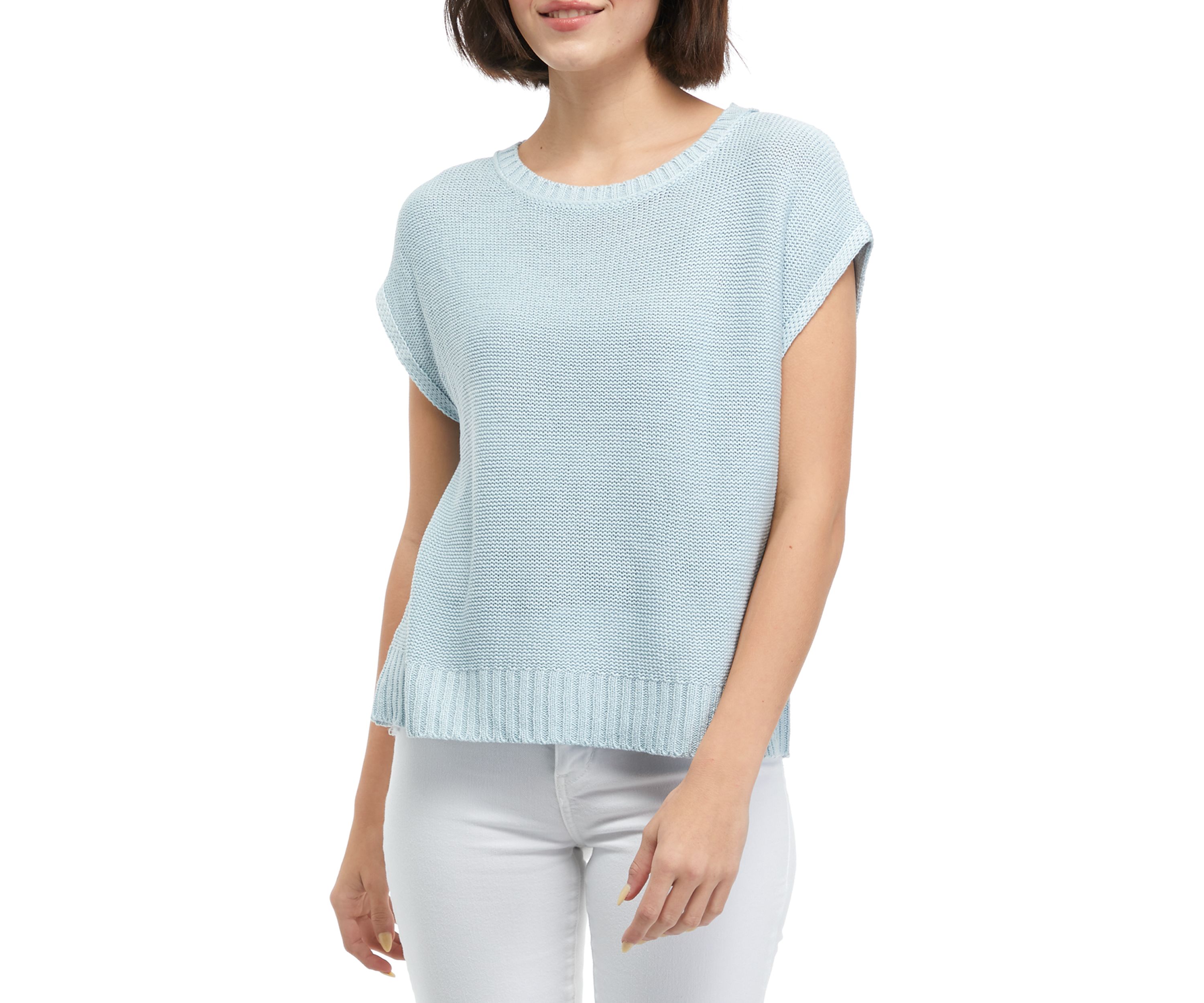 Womens Short Cap Sleeve Boxy Knit Sweater 