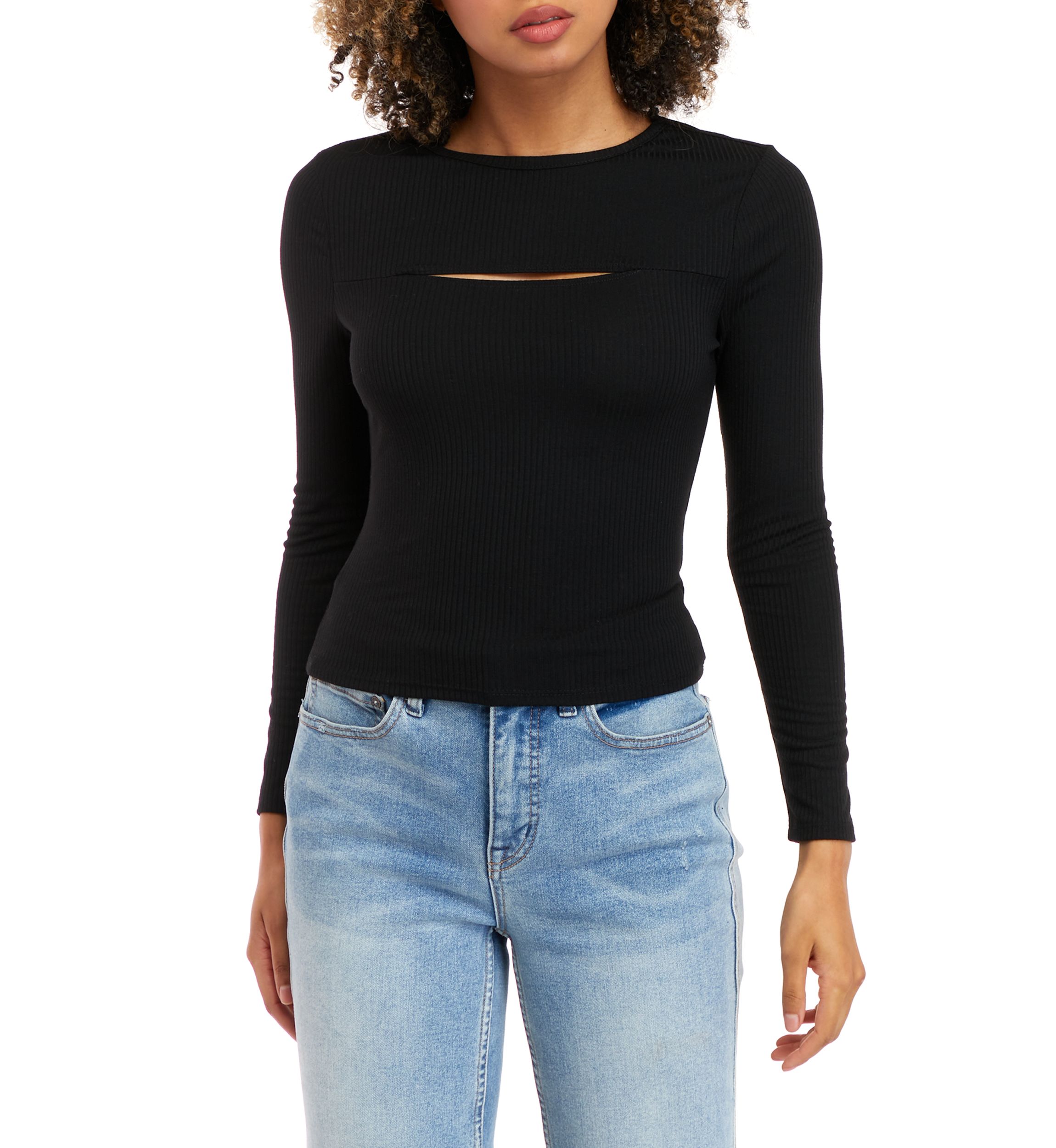 Juniors Long Sleeve Rib Knit Top with Cut Out