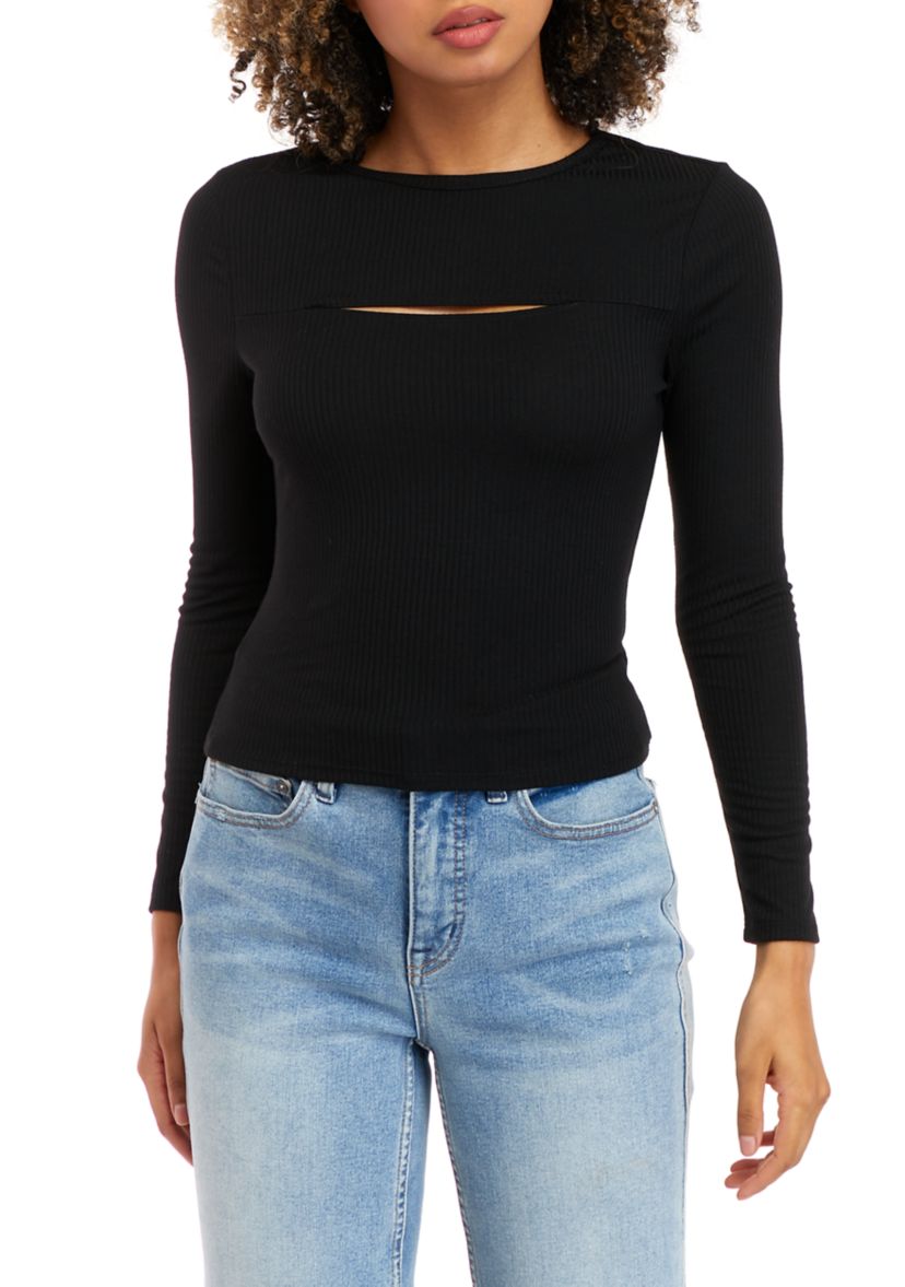 Juniors Long Sleeve Rib Knit Top with Cut Out