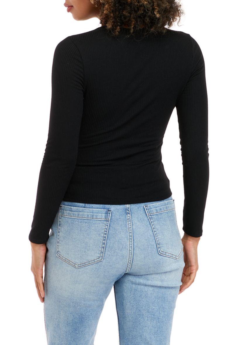 Juniors Long Sleeve Rib Knit Top with Cut Out
