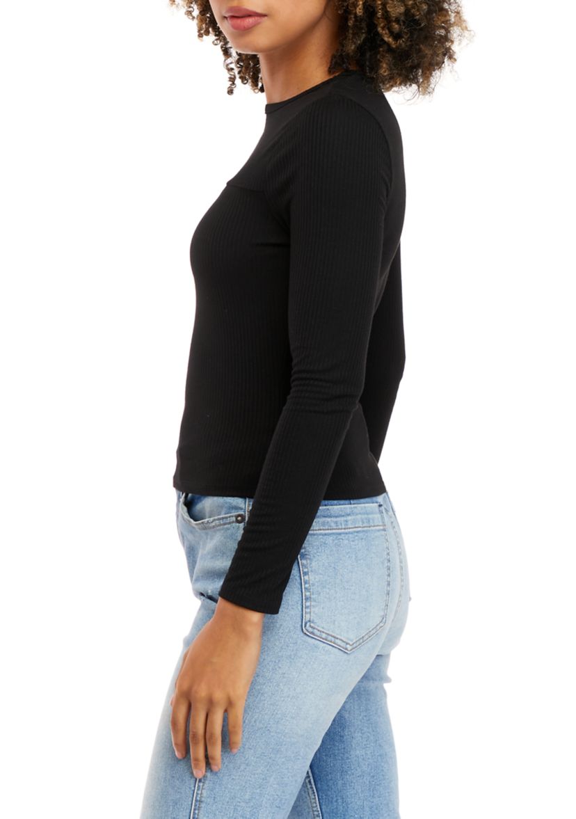 Juniors Long Sleeve Rib Knit Top with Cut Out