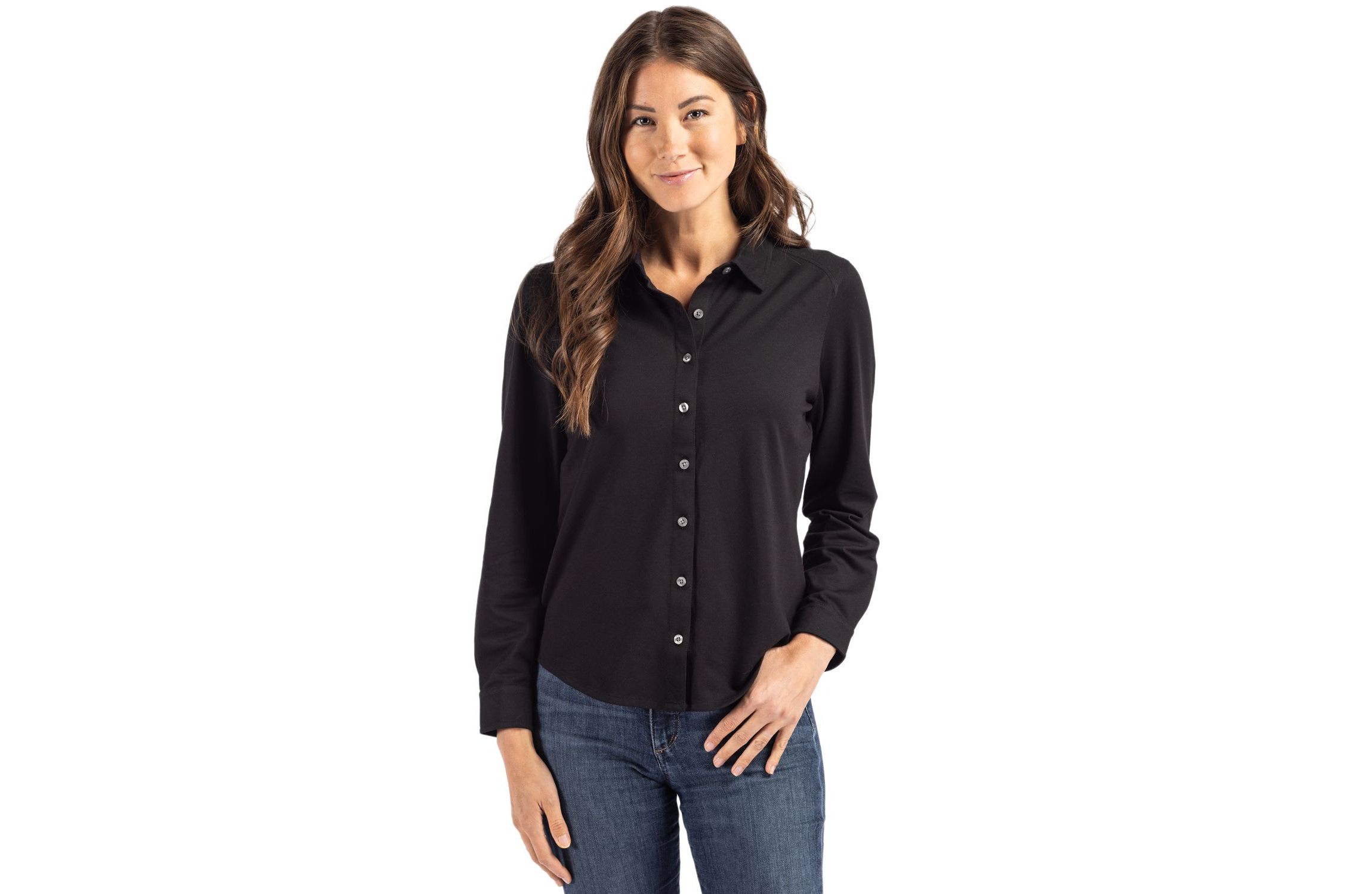 Cutter & Buck Advantage Tri-Blend Eco Soft Pique Long Sleeve Knitted Womens Button Down
