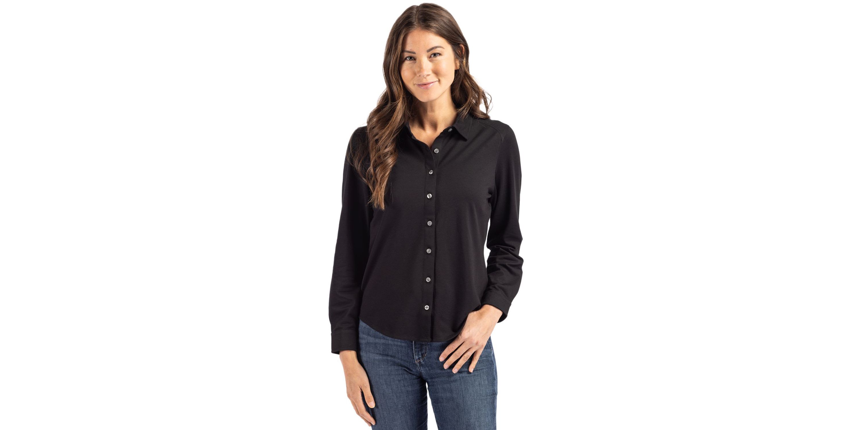 Cutter & Buck Advantage Tri-Blend Eco Soft Pique Long Sleeve Knitted Womens Button Down