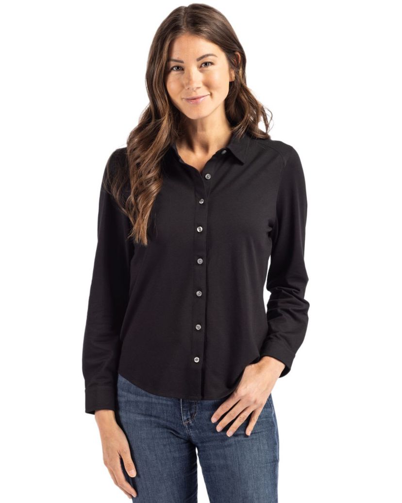 Cutter & Buck Advantage Tri-Blend Eco Soft Pique Long Sleeve Knitted Womens Button Down