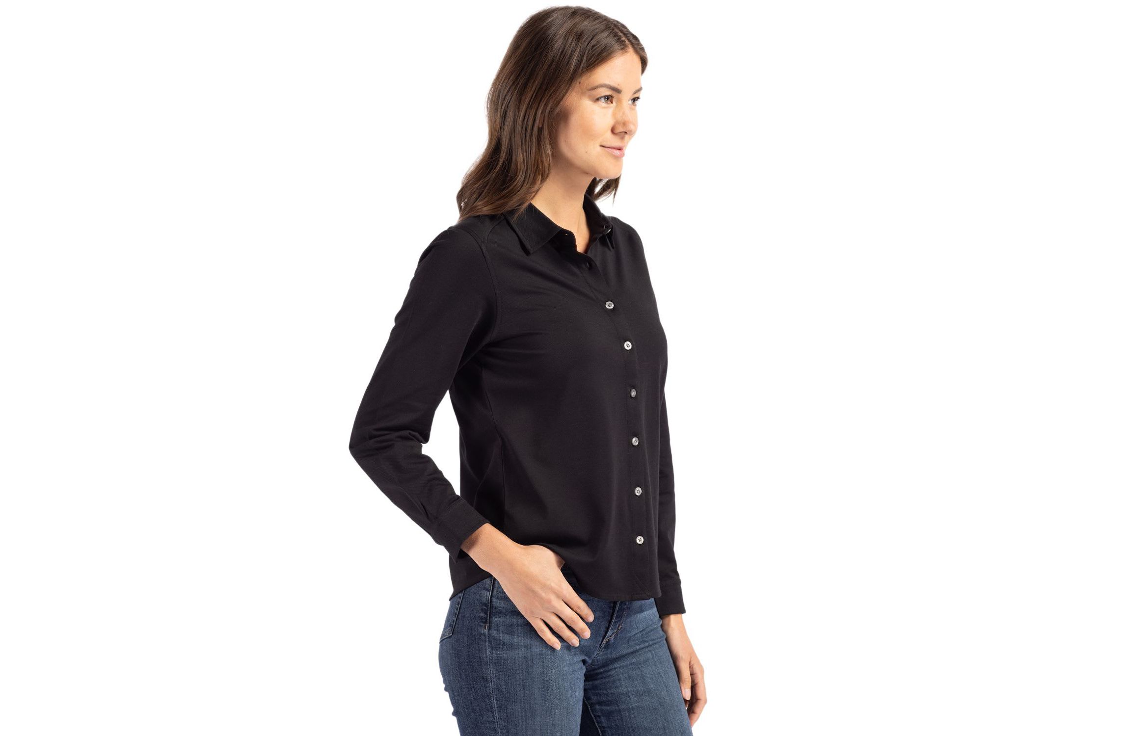 Cutter & Buck Advantage Tri-Blend Eco Soft Pique Long Sleeve Knitted Womens Button Down