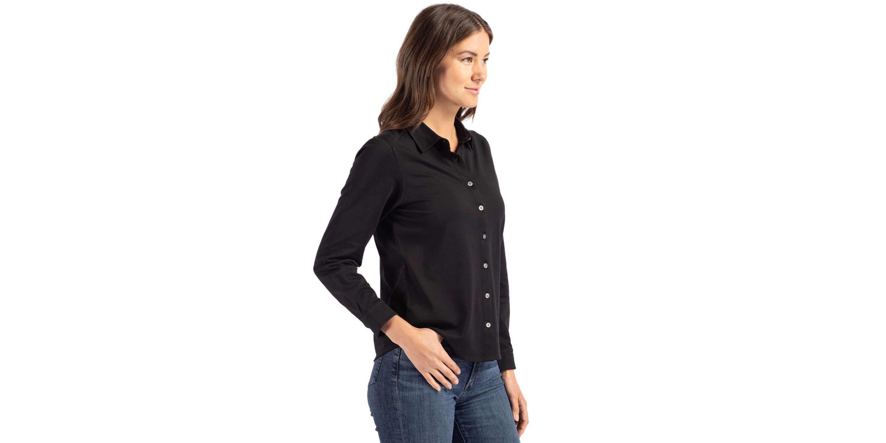 Cutter & Buck Advantage Tri-Blend Eco Soft Pique Long Sleeve Knitted Womens Button Down