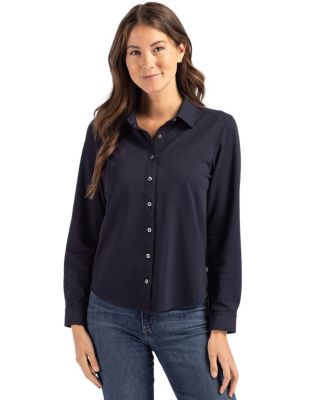Cutter & Buck Advantage Tri-Blend Eco Soft Pique Long Sleeve Knitted Womens Button Down, Navy Blue, Medium