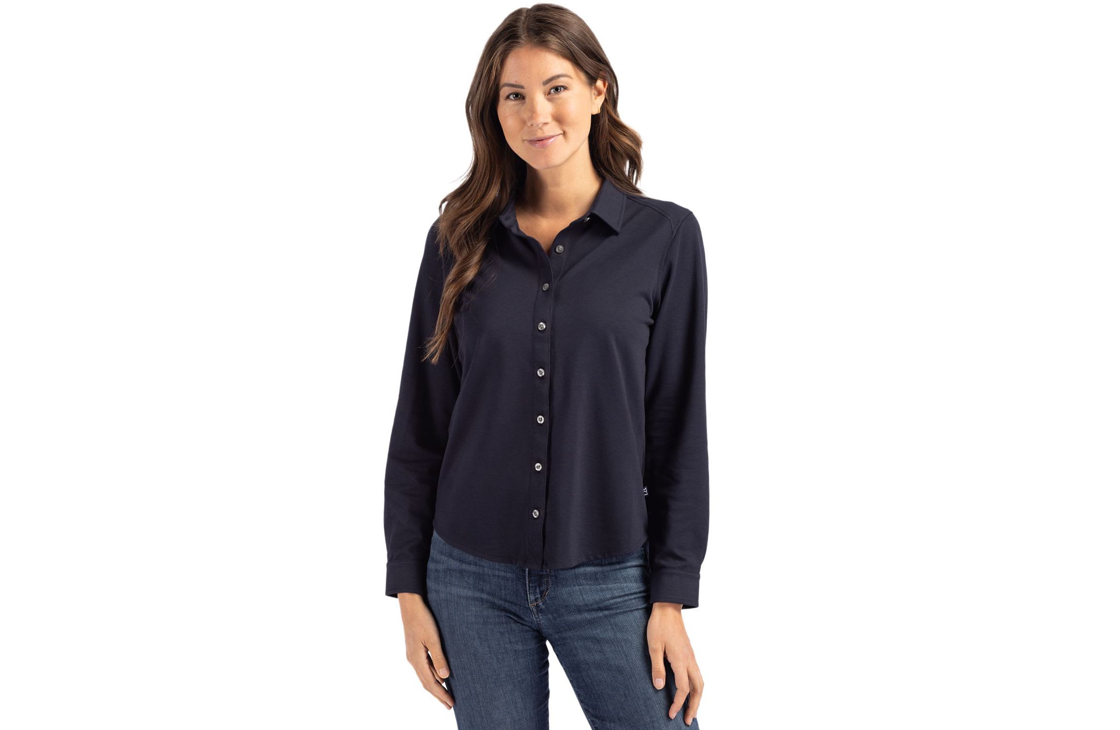 Cutter & Buck Advantage Tri-Blend Eco Soft Pique Long Sleeve Knitted Womens Button Down