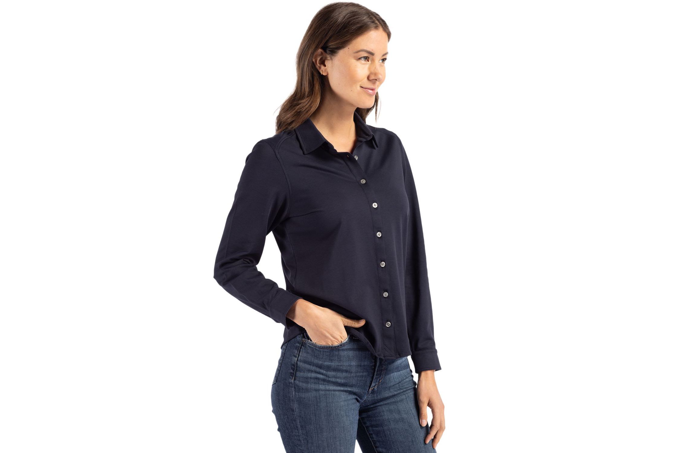 Cutter & Buck Advantage Tri-Blend Eco Soft Pique Long Sleeve Knitted Womens Button Down