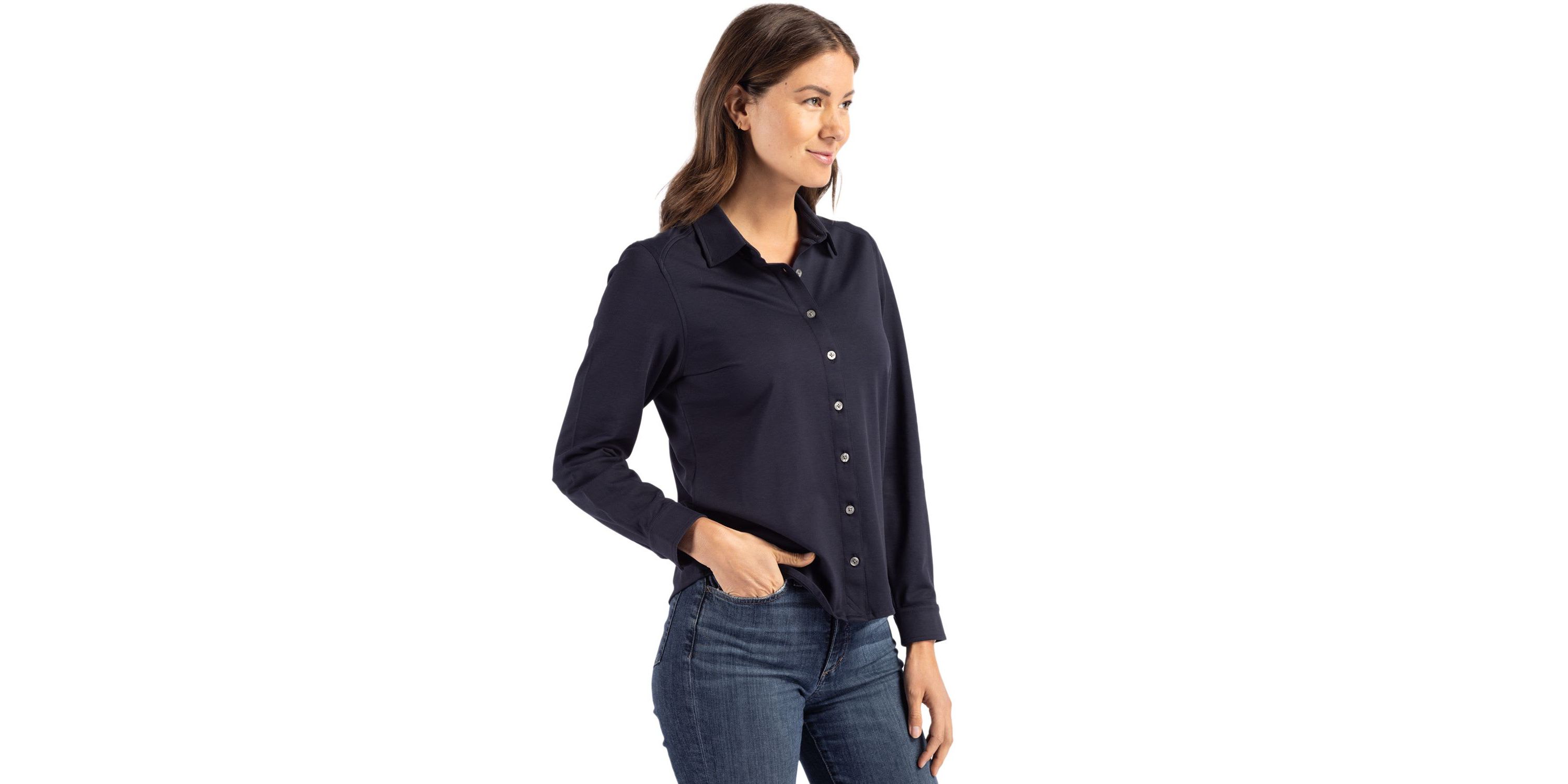 Cutter & Buck Advantage Tri-Blend Eco Soft Pique Long Sleeve Knitted Womens Button Down