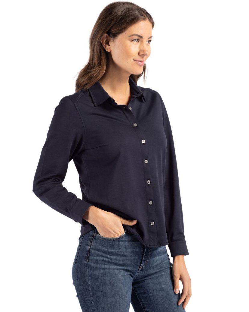Cutter & Buck Advantage Tri-Blend Eco Soft Pique Long Sleeve Knitted Womens Button Down