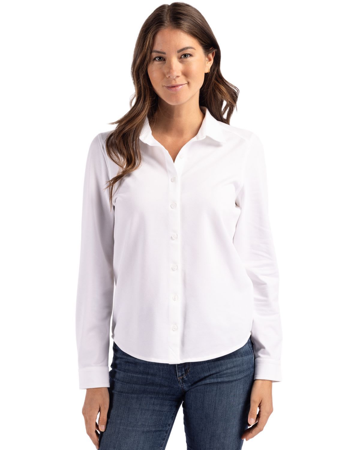 Cutter & Buck Advantage Tri-Blend Eco Soft Pique Long Sleeve Knitted Womens Button Down