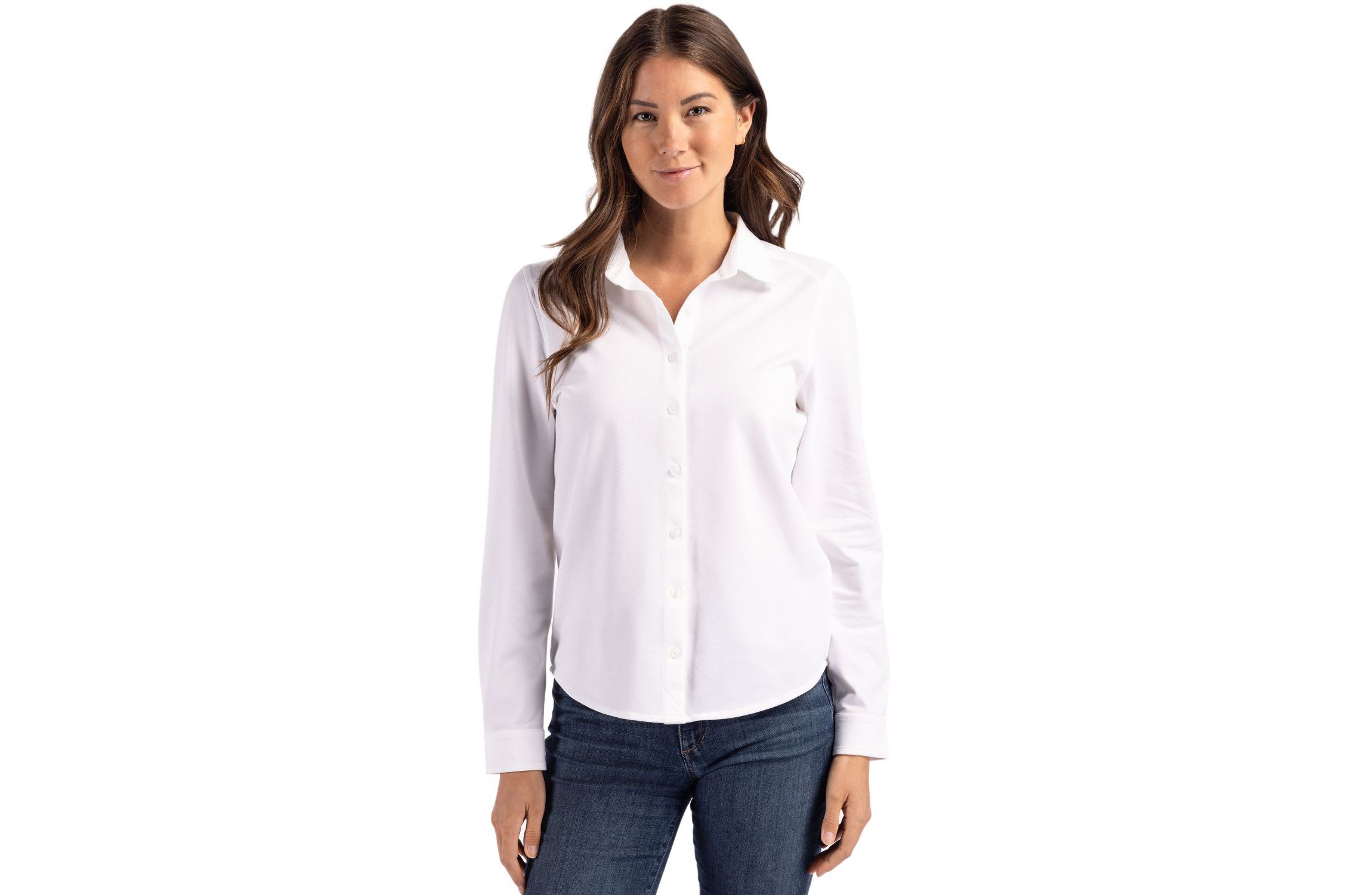 Cutter & Buck Advantage Tri-Blend Eco Soft Pique Long Sleeve Knitted Womens Button Down