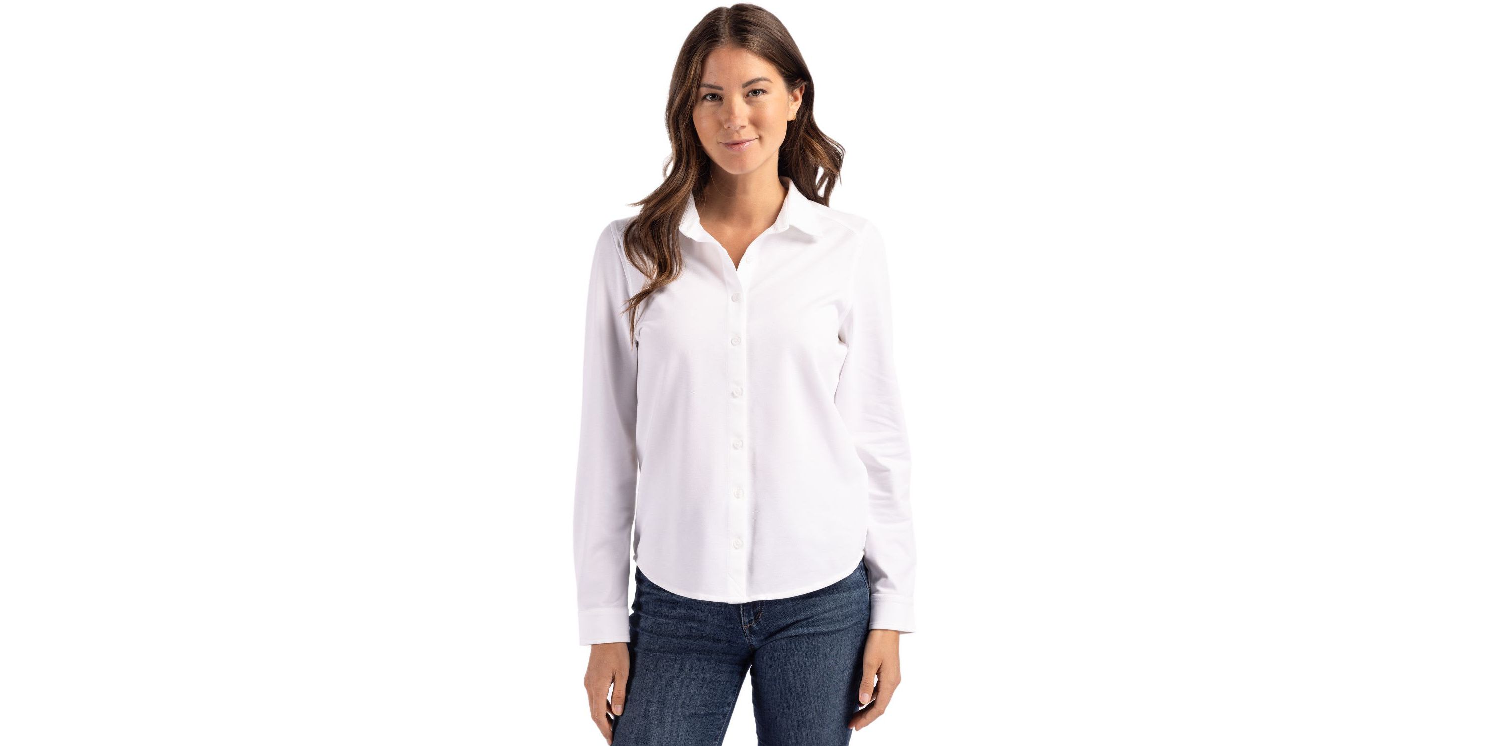 Cutter & Buck Advantage Tri-Blend Eco Soft Pique Long Sleeve Knitted Womens Button Down