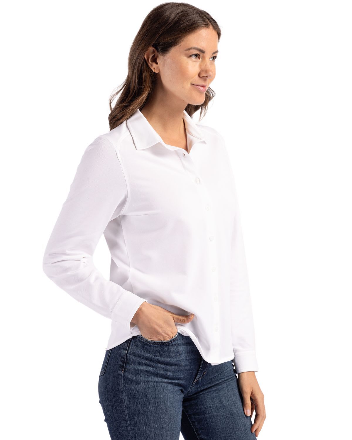 Cutter & Buck Advantage Tri-Blend Eco Soft Pique Long Sleeve Knitted Womens Button Down